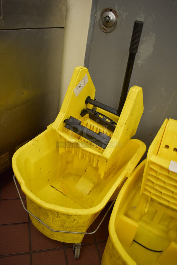 Yellow Poly Mop Bucket w/ Wringing Attachment on Commercial Casters. 18x23x38 - Image 2 of 3
