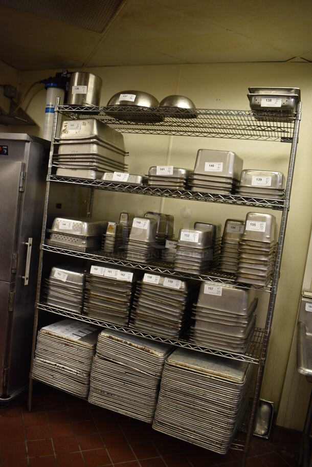 Chrome Finish 5 Tier Metro Style Shelving Unit. Does Not Come w/ Contents. BUYER MUST DISMANTLE. PCI CANNOT DISMANTLE FOR SHIPPING. PLEASE CONSIDER FREIGHT CHARGES. 60x24x86 - Image 1 of 2