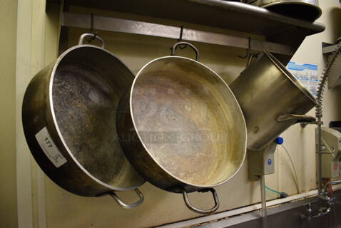 3 Various Metal Stock Pots. Includes 23x18.5x6, 16x13x13. 3 Times Your Bid!