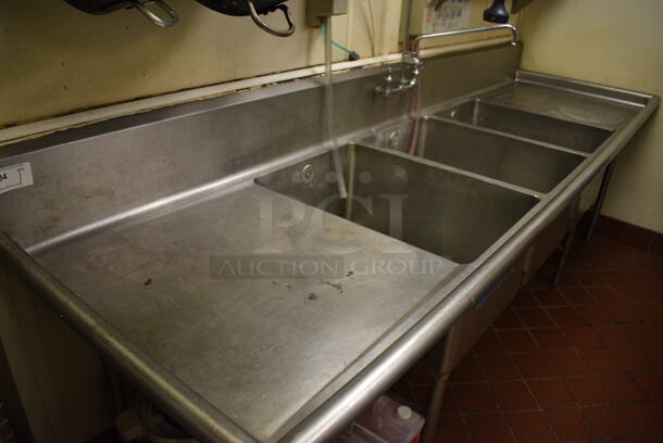 Stainless Steel Commercial 3 Bay Sink w/ Dual Drainboards, Faucet and Handles. BUYER MUST REMOVE. 120x35x43. Bays 20x28x14. Drainboards 27x31x2 - Image 2 of 5