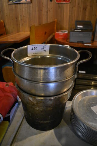 3 Metal Cylindrical Drop In Bins; 1 Has Handles. 12.5x9x9. 3 Times Your Bid!