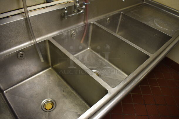 Stainless Steel Commercial 3 Bay Sink w/ Dual Drainboards, Faucet and Handles. BUYER MUST REMOVE. 120x35x43. Bays 20x28x14. Drainboards 27x31x2 - Image 4 of 5