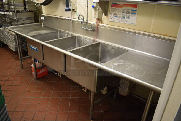 Stainless Steel Commercial 3 Bay Sink w/ Dual Drainboards, Faucet and Handles. BUYER MUST REMOVE. 120x35x43. Bays 20x28x14. Drainboards 27x31x2 - Image 5 of 5