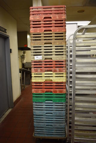 ALL ONE MONEY! Lot of 11 Dish Caddies on Dish Caddy Dolly. 19.5x19.5x7, 21x21x9