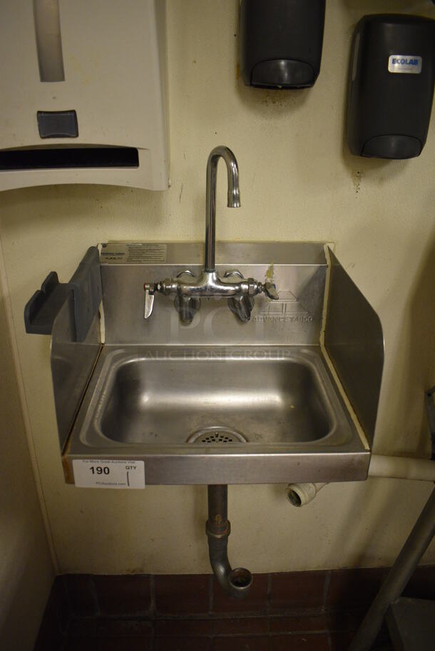 Advance Tabco Stainless Steel Commercial Wall Mount Sink w/ Faucet, Handles and Side Splash Guards. BUYER MUST REMOVE. 17.5x15x22