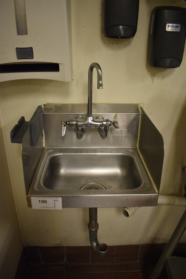 Advance Tabco Stainless Steel Commercial Wall Mount Sink w/ Faucet, Handles and Side Splash Guards. BUYER MUST REMOVE. 17.5x15x22 - Image 1 of 3