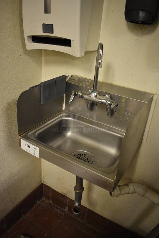 Advance Tabco Stainless Steel Commercial Wall Mount Sink w/ Faucet, Handles and Side Splash Guards. BUYER MUST REMOVE. 17.5x15x22 - Image 2 of 3