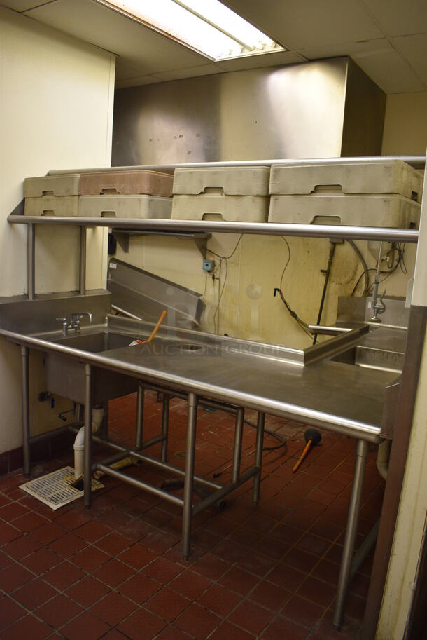 Stainless Steel Commercial Right Side U Shaped Dishwasher Table w/ 2 Sink Bays, Overshelf and 8 Dish Caddies. BUYER MUST REMOVE. 100x90x70. Bays 20x20x5, 16x20x5