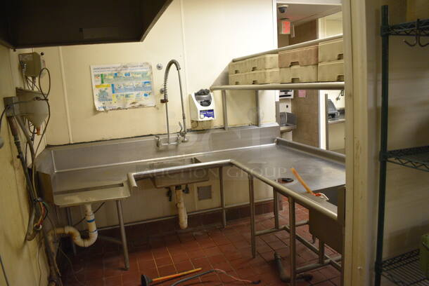 Stainless Steel Commercial Right Side U Shaped Dishwasher Table w/ 2 Sink Bays, Overshelf and 8 Dish Caddies. BUYER MUST REMOVE. 100x90x70. Bays 20x20x5, 16x20x5 - Image 4 of 7