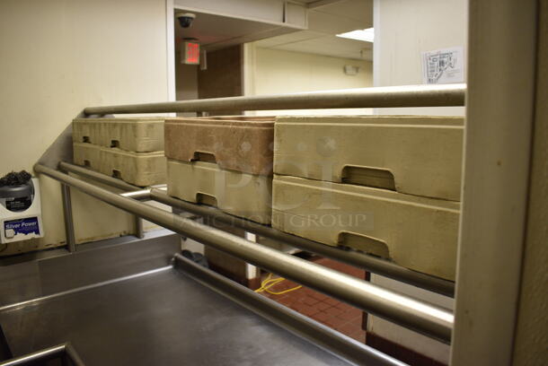 Stainless Steel Commercial Right Side U Shaped Dishwasher Table w/ 2 Sink Bays, Overshelf and 8 Dish Caddies. BUYER MUST REMOVE. 100x90x70. Bays 20x20x5, 16x20x5 - Image 6 of 7