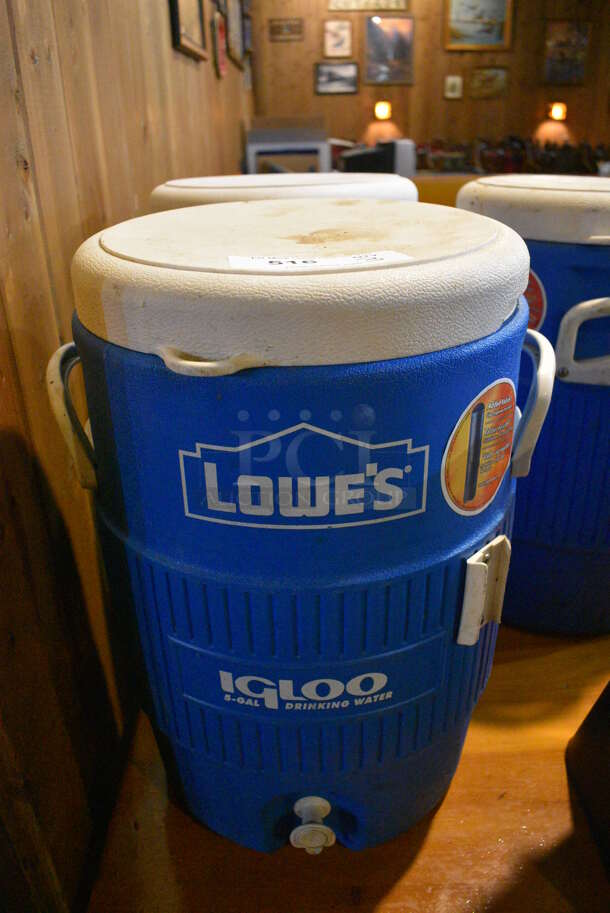 3 Igloo Blue and White Poly Portable Beverage Cooler Dispensers. 13x13x20. 3 Times Your Bid!