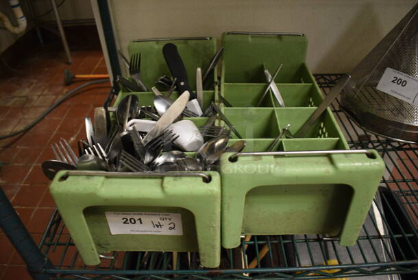 ALL ONE MONEY! Lot of 2 Green Silverware Caddies w/ Contents of Various Silverware! 7.5x17.5x7.5