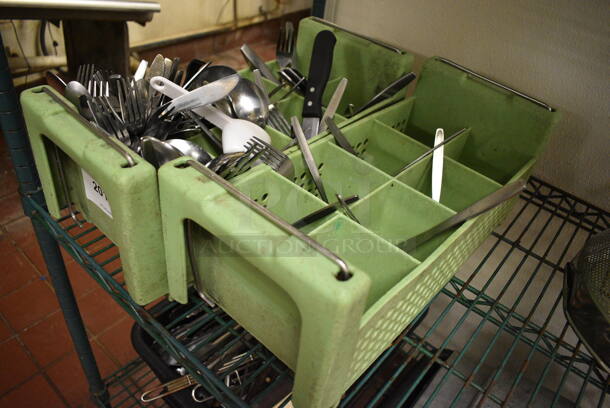 ALL ONE MONEY! Lot of 2 Green Silverware Caddies w/ Contents of Various Silverware! 7.5x17.5x7.5 - Image 2 of 3