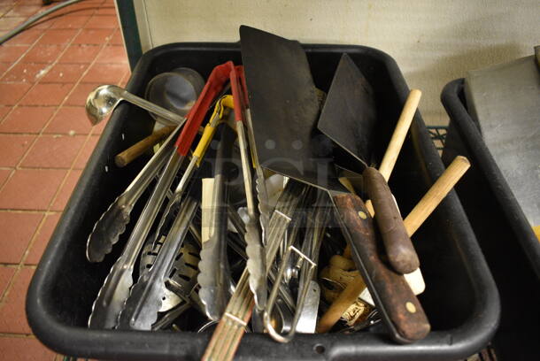 ALL ONE MONEY! Lot of Various Metal Utensils Including Spatulas and Tongs in Black Poly Bus Bin! - Image 2 of 3