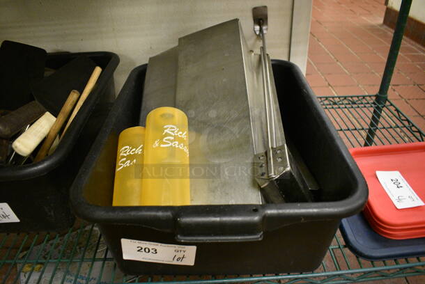 ALL ONE MONEY! Lot of Various Items Including Metal Pieces and Poly Condiment Bottles in Black Poly Bus Bin! - Image 1 of 3