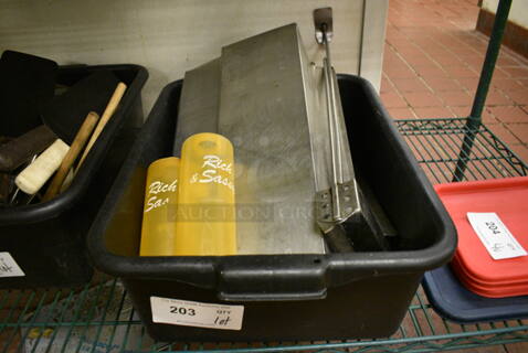 ALL ONE MONEY! Lot of Various Items Including Metal Pieces and Poly Condiment Bottles in Black Poly Bus Bin!