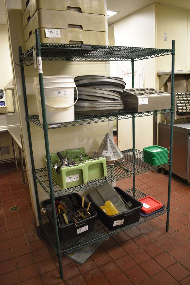 Green Finish 4 Tier Metro Style Shelving Unit. Does Not Include Contents. BUYER MUST DISMANTLE. PCI CANNOT DISMANTLE FOR SHIPPING. PLEASE CONSIDER FREIGHT CHARGES. 48x24x74 - Image 1 of 3