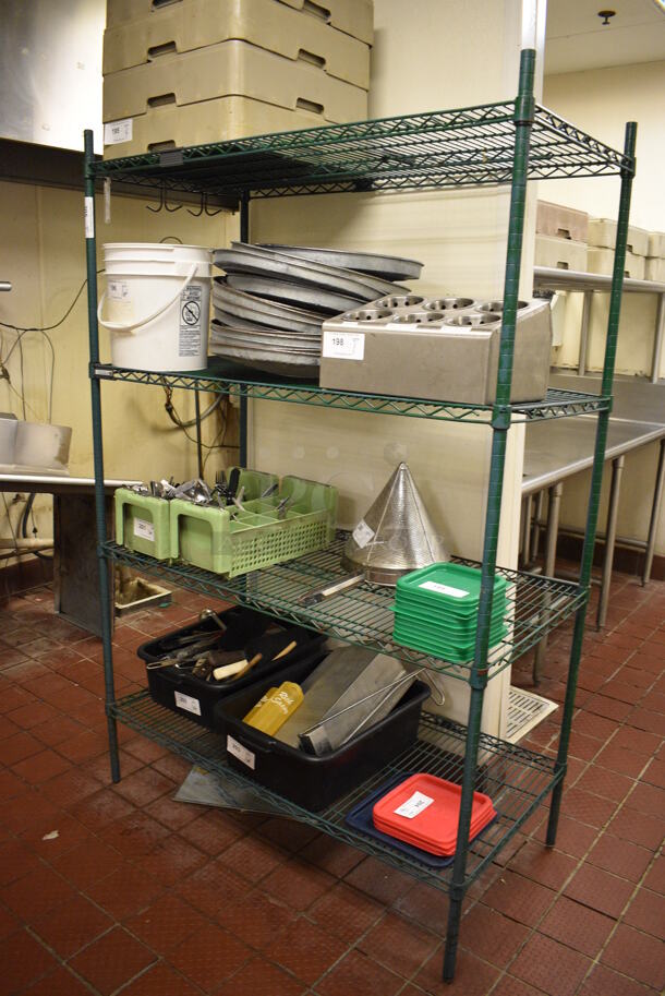 Green Finish 4 Tier Metro Style Shelving Unit. Does Not Include Contents. BUYER MUST DISMANTLE. PCI CANNOT DISMANTLE FOR SHIPPING. PLEASE CONSIDER FREIGHT CHARGES. 48x24x74 - Image 2 of 3