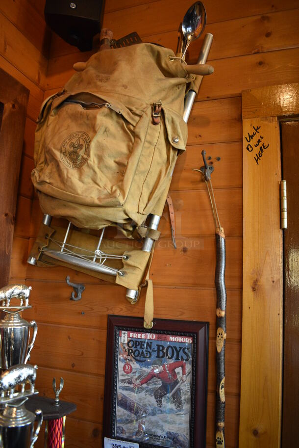 ALL ONE MONEY! Lot of Wall Decorations Including Welcome to the Lodge Sign, Bag, Walking Stick, United States of America Sign and Basket. BUYER MUST REMOVE - Image 2 of 7
