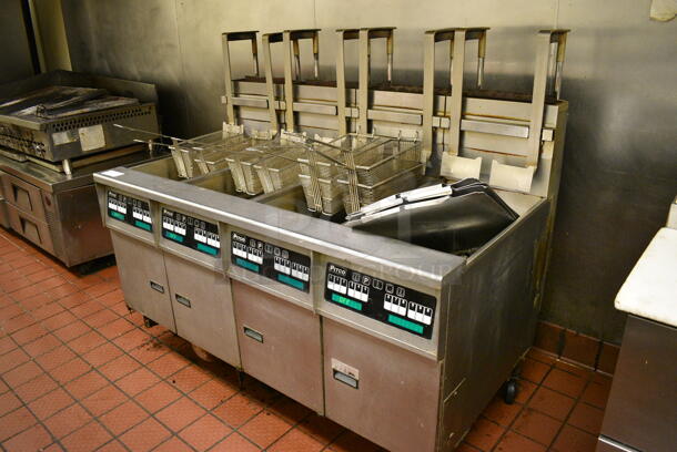 GORGEOUS! Pitco Frialator Stainless Steel Commercial Floor Style Gas Powered 4 Bay Deep Fat Fryer w/ Filtration System, 8 Metal Fry Baskets and 4 Metal Lids on Commercial Casters. 110,000 BTU. 62.5x39x55. Unit Was Working When Restaurant Closed! - Image 3 of 10
