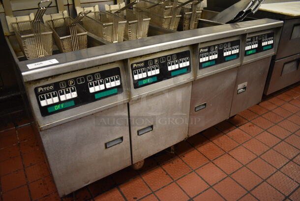 GORGEOUS! Pitco Frialator Stainless Steel Commercial Floor Style Gas Powered 4 Bay Deep Fat Fryer w/ Filtration System, 8 Metal Fry Baskets and 4 Metal Lids on Commercial Casters. 110,000 BTU. 62.5x39x55. Unit Was Working When Restaurant Closed! - Image 6 of 10