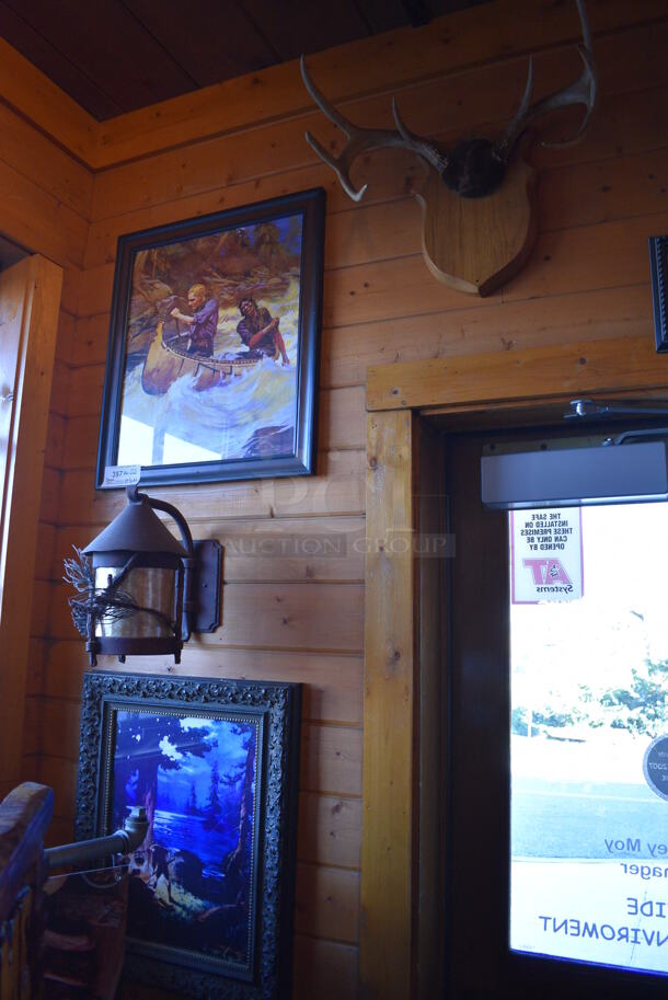 ALL ONE MONEY! Lot of Wall Decorations Including Canoe Picture, Antlers, River Picture and Shelf w/ Knickknacks. BUYER MUST REMOVE - Image 1 of 8