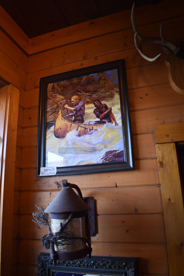 ALL ONE MONEY! Lot of Wall Decorations Including Canoe Picture, Antlers, River Picture and Shelf w/ Knickknacks. BUYER MUST REMOVE - Image 3 of 8
