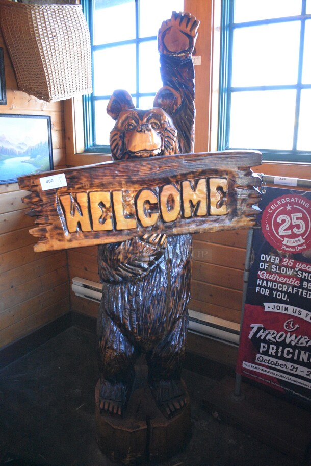 Wooden Bear w/ Welcome Sign. 40x18x83 - Image 1 of 7