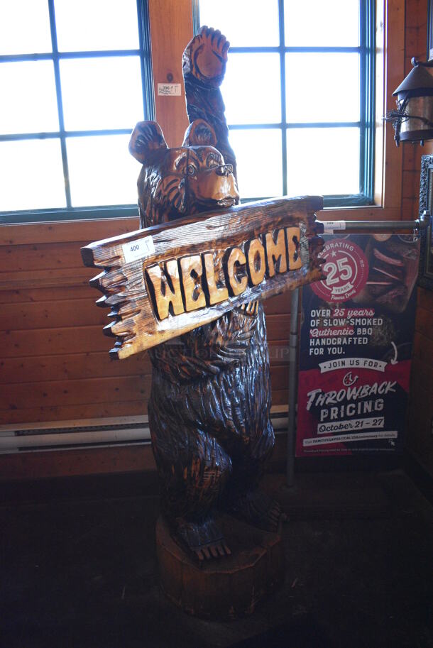Wooden Bear w/ Welcome Sign. 40x18x83 - Image 2 of 7