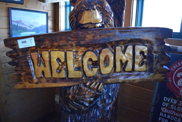 Wooden Bear w/ Welcome Sign. 40x18x83 - Image 4 of 7