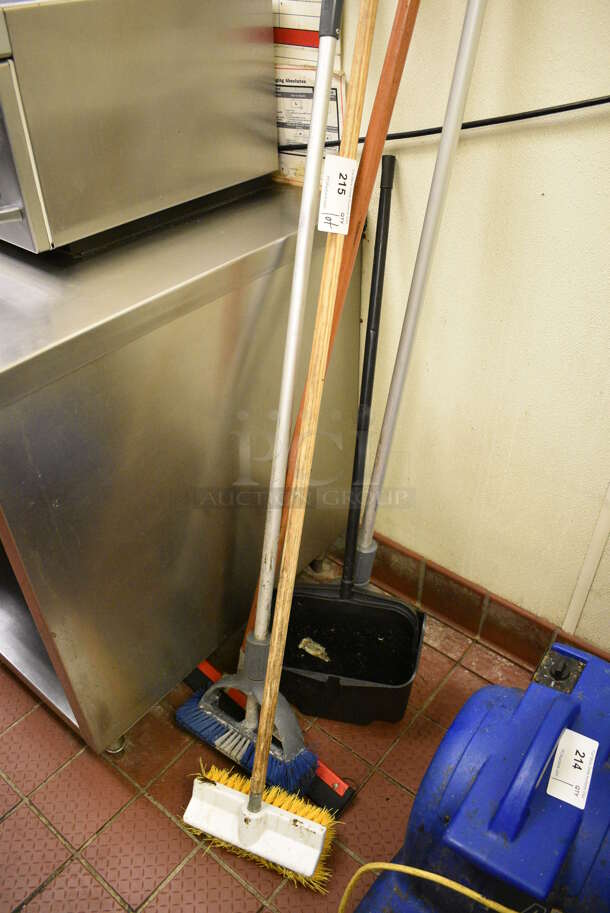 ALL ONE MONEY! Lot of Various Cleaning Supplies; Dustpan, Squeegee and 2 Brooms! Includes 64" - Image 1 of 3