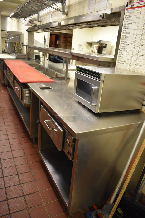 AMAZING! Stainless Steel Commercial Work Station w/ 4 Steam Well Bays, 2 Warming Drawers, 2 Cold Wells and Undershelves. BUYER MUST REMOVE. 283x72x53. Unit Was Working When Restaurant Closed! - Image 7 of 11