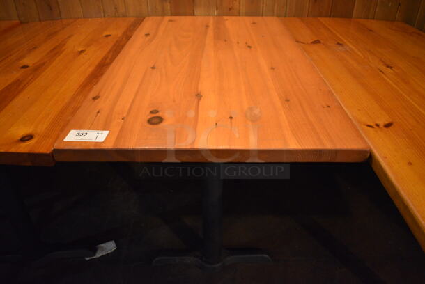 Wooden Tabletop on 2 Black Straight Leg Metal Table Bases. 53x30x30