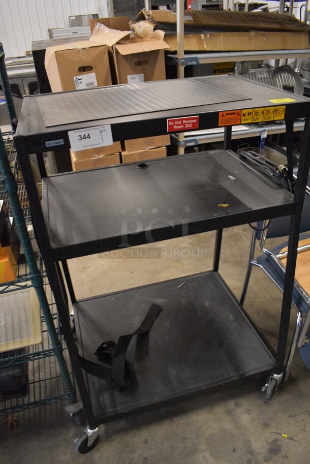 Black Metal 3 Tier AV Cart on Commercial Casters. 32x27x48