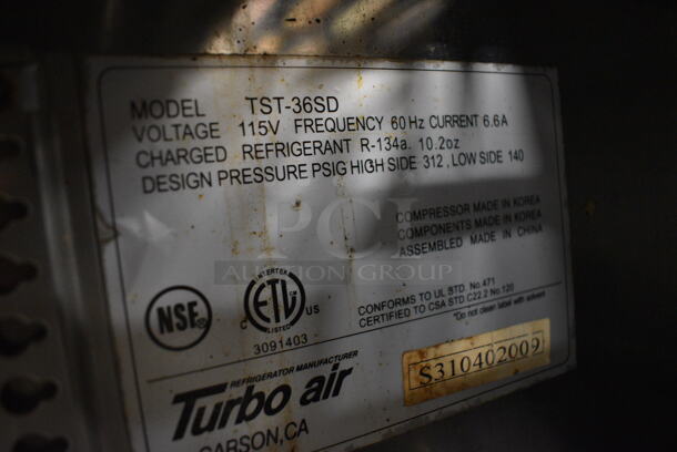 GREAT! Turbo Air Model TST-36SD Stainless Steel Commercial Prep Table w/ 2 Lower Doors on Commercial Casters. 115 Volts, 1 Phase. 36.5x30x36. Tested and Working! - Image 4 of 6