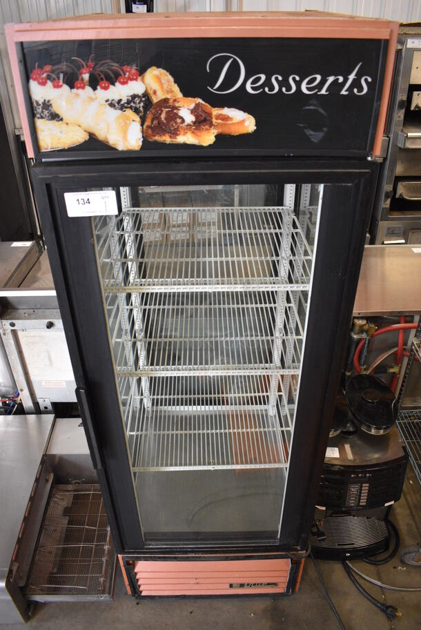NICE! 2010 True Model G4SM-23 Metal Commercial Single Door Reach In Dessert Case Cooler Merchandiser w/ Poly Coated Racks. 115 Volts, 1 Phase. 27x31x79. Tested and Does Not Power On