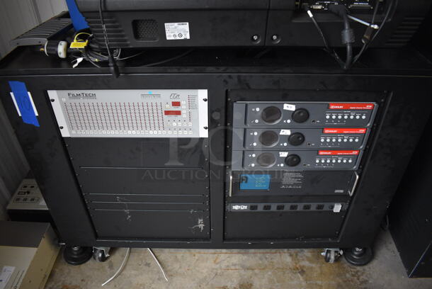 MARVELOUS! 2012 Barco Model DP2K-12C Commercial Countertop DLP Cinema Projector on Cabinet w/ Film-Tech FT21 Automation Cinema System, 4 Dolby CP750 Digital Cinema Processors, DCM Powercom, TV Monitor and Tripp Lite Surge Protector. 200-240 Volts. 26x38x22, 24x53x38 - Image 3 of 11