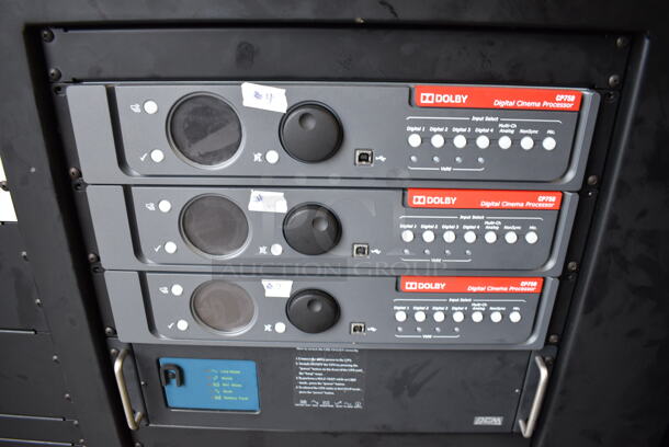 MARVELOUS! 2012 Barco Model DP2K-12C Commercial Countertop DLP Cinema Projector on Cabinet w/ Film-Tech FT21 Automation Cinema System, 4 Dolby CP750 Digital Cinema Processors, DCM Powercom, TV Monitor and Tripp Lite Surge Protector. 200-240 Volts. 26x38x22, 24x53x38 - Image 4 of 11
