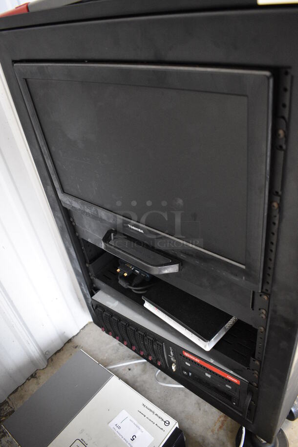 MARVELOUS! 2012 Barco Model DP2K-12C Commercial Countertop DLP Cinema Projector on Cabinet w/ Film-Tech FT21 Automation Cinema System, 4 Dolby CP750 Digital Cinema Processors, DCM Powercom, TV Monitor and Tripp Lite Surge Protector. 200-240 Volts. 26x38x22, 24x53x38 - Image 10 of 11