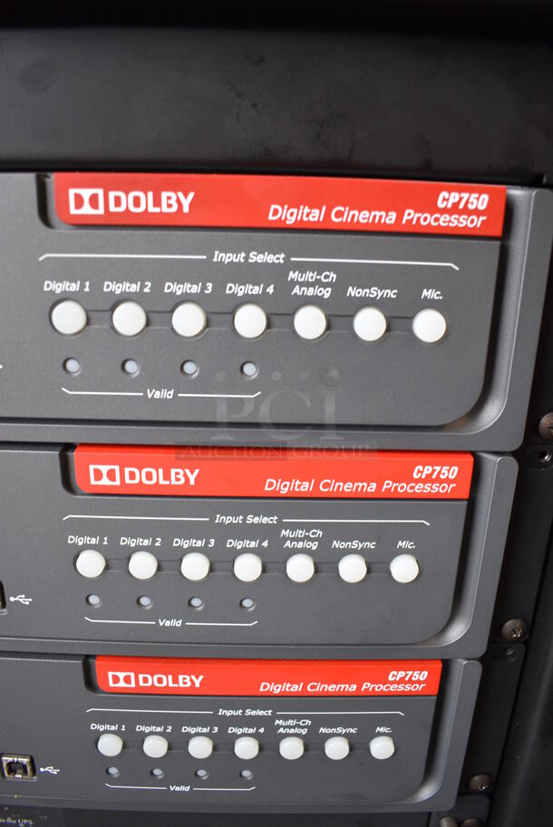 MARVELOUS! 2012 Barco Model DP2K-12C Commercial Countertop DLP Cinema Projector on Cabinet w/ Film-Tech FT21 Automation Cinema System, 4 Dolby CP750 Digital Cinema Processors, DCM Powercom, TV Monitor and Tripp Lite Surge Protector. 200-240 Volts. 26x38x22, 24x53x38 - Image 11 of 11