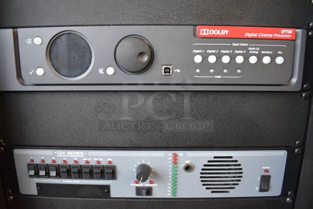 7 FANTASTIC! Items In Black Metal Rack Unit; Inline CTL101 Central Interface, Dolby CP750 Digital Cinema Processor, CM Series , 3 QSC BCA1622 Digital Cinema Amplifiers and Component Engineering LS-30-M. 22.5x22x69. 7 Times Your Bid! - Image 4 of 8
