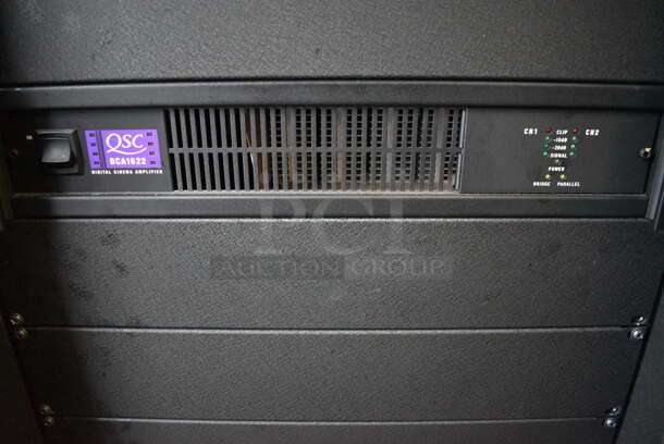 7 FANTASTIC! Items In Black Metal Rack Unit; Inline CTL101 Central Interface, Dolby CP750 Digital Cinema Processor, CM Series , 3 QSC BCA1622 Digital Cinema Amplifiers and Component Engineering LS-30-M. 22.5x22x69. 7 Times Your Bid! - Image 6 of 8