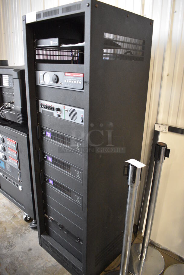 7 FANTASTIC! Items In Black Metal Rack Unit; Inline CTL101 Central Interface, Dolby CP750 Digital Cinema Processor, CM Series , 3 QSC BCA1622 Digital Cinema Amplifiers and Component Engineering LS-30-M. 22.5x22x69. 7 Times Your Bid! - Image 8 of 8