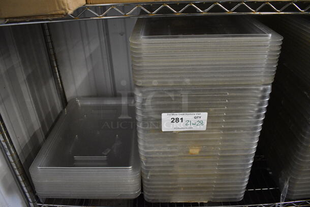 21 Clear Poly Bins w/ 28 Lids. 12x18x3. 21 Times Your Bid!