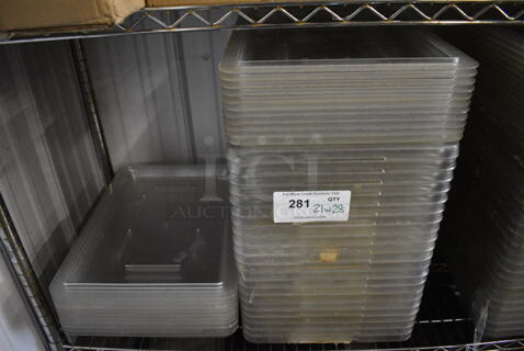 21 Clear Poly Bins w/ 28 Lids. 12x18x3. 21 Times Your Bid!
