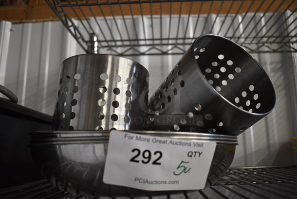 5 Various Metal Items; 3 Bowls and 2 Silverware Holders. Includes 10.5x10.5x2. 5 Times Your Bid! - Image 1 of 3