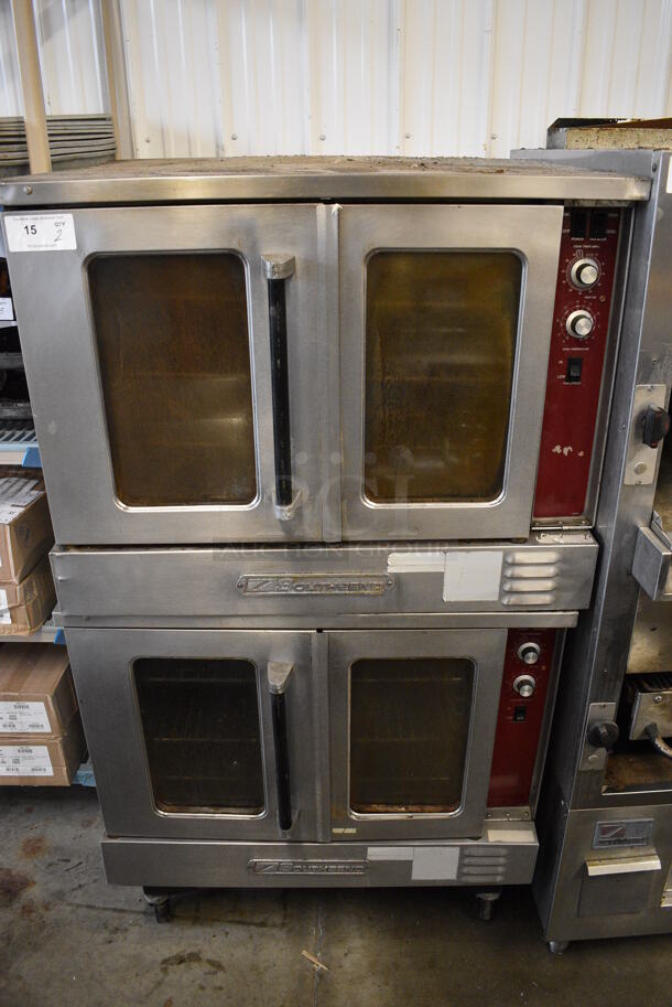 2 FANTASTIC! Southbend Stainless Steel Commercial Gas Powered Full Size Convection Ovens w/ View Through Doors, Metal Oven Racks and Thermostatic Controls on Commercial Casters. 38x40x71. 2 Times Your Bid!