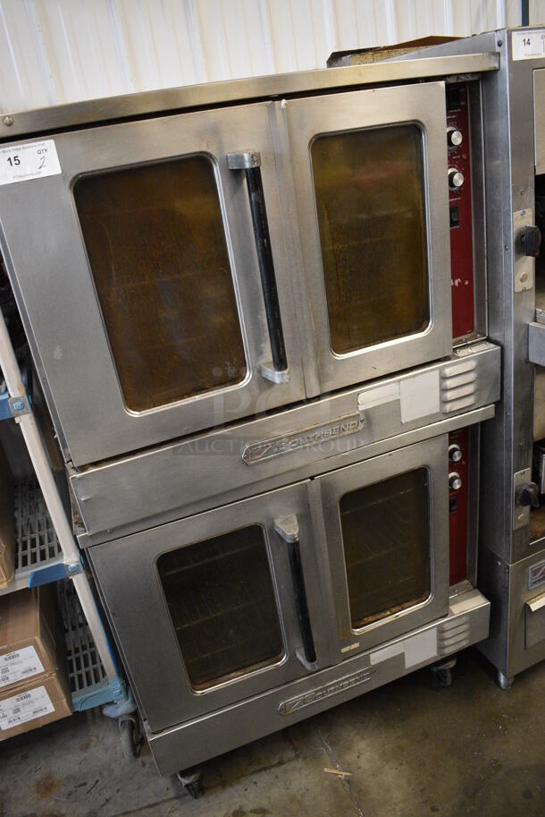 2 FANTASTIC! Southbend Stainless Steel Commercial Gas Powered Full Size Convection Ovens w/ View Through Doors, Metal Oven Racks and Thermostatic Controls on Commercial Casters. 38x40x71. 2 Times Your Bid! - Image 3 of 9