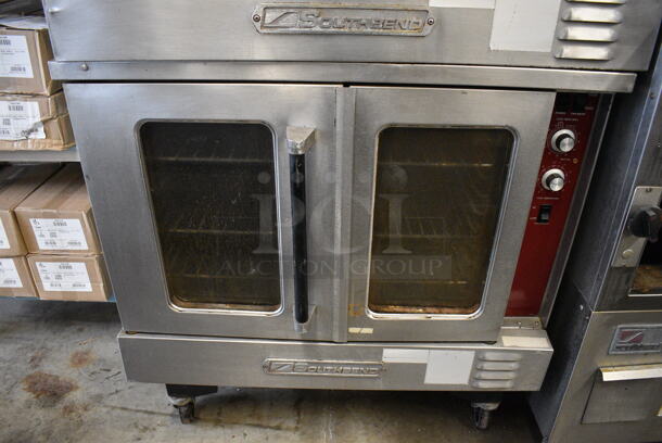 2 FANTASTIC! Southbend Stainless Steel Commercial Gas Powered Full Size Convection Ovens w/ View Through Doors, Metal Oven Racks and Thermostatic Controls on Commercial Casters. 38x40x71. 2 Times Your Bid! - Image 4 of 9