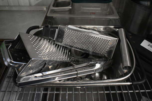 ALL ONE MONEY! Lot of Various Metal Items in Strainer Including Graters and Teaspoons! - Image 1 of 3